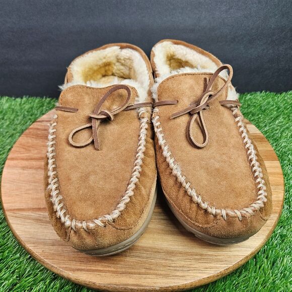 L.L.Bean Wicked Good Winter Moccasin Slippers Mens Size 13 Brown Suede Sheepskin